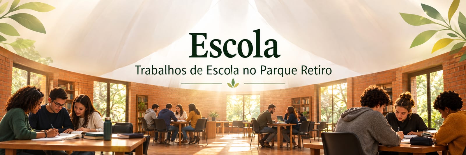 Pessoas estudando em mesas dentro de uma sala com paredes de tijolo à vista, sobre o texto Escola — Trabalhos de Escola no Parque Retiro.