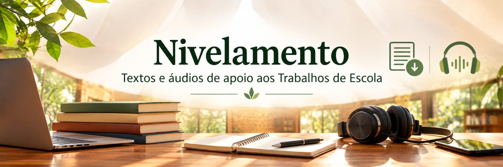 Livros, fones de ouvido e um caderno sobre uma mesa de madeira, com ícones de texto e áudio, sobre o texto Nivelamento — Textos e áudios de apoio aos Trabalhos de Escola.