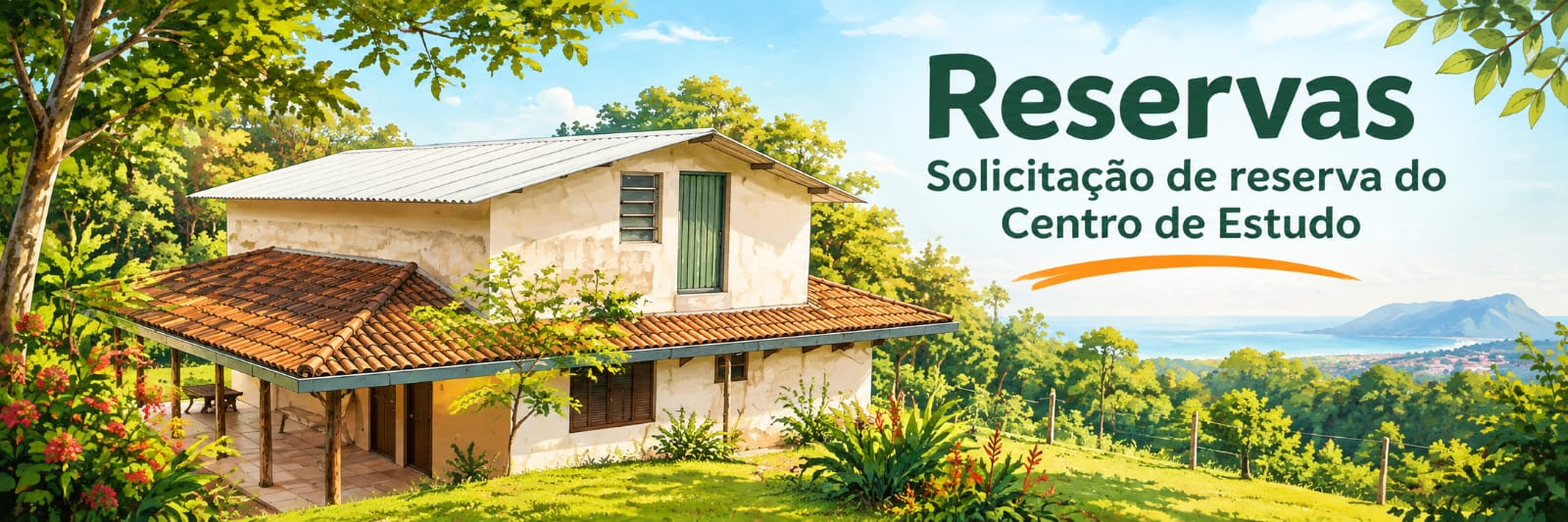 Casa do Centro de Estudo entre árvores, com vista para o mar ao fundo, sobre o texto Reservas — Solicitação de reserva do Centro de Estudo.
